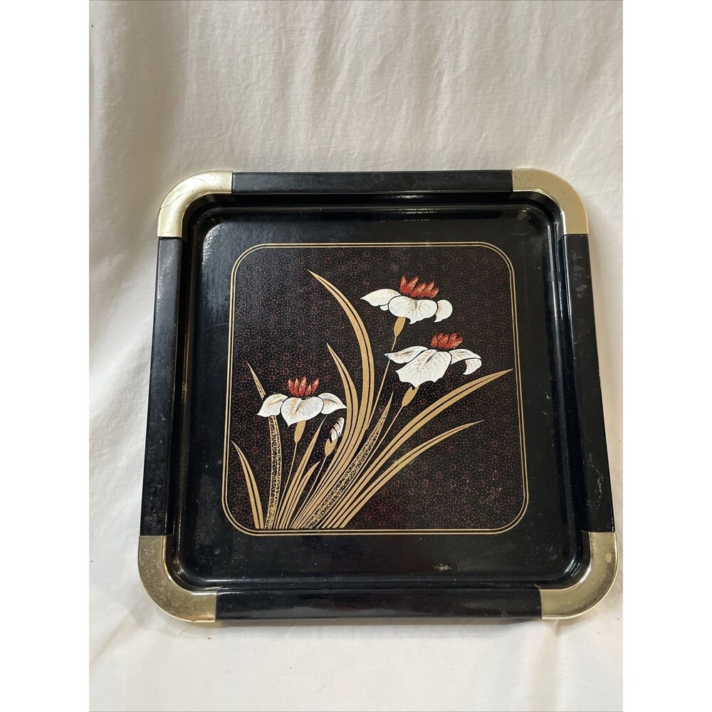 Vintage Japanese Lacquer Ware Tray Black W/White Iris Design 10.5" X 10.75"